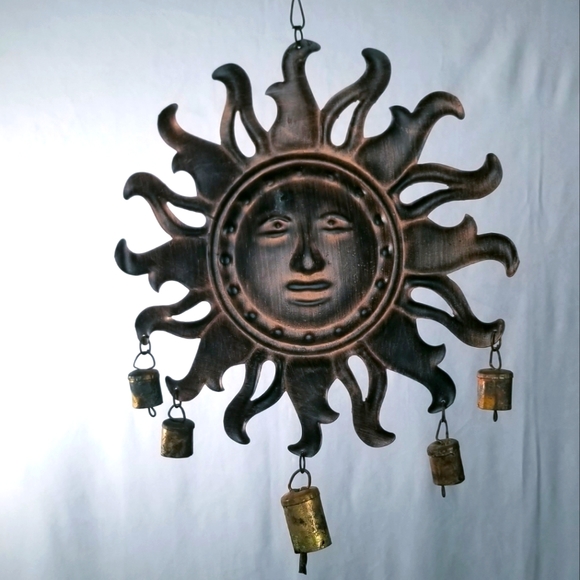 Sun Face Wind Chime Garden Art Copper Metal Work Rustic Whimsical - Picture 4 of 9